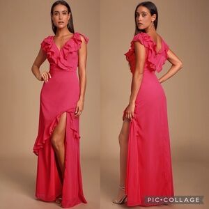 Lulu’s Love From Above Pink Ruffled Surplice Front Wrap Style Maxi Dress Size S